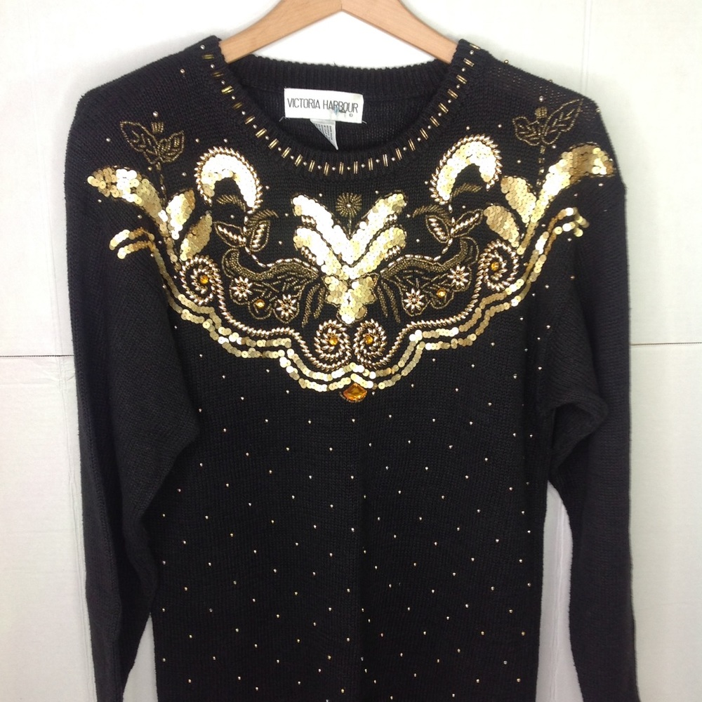 1990's Black Gold  Sequin Sweater Beaded Knit Long